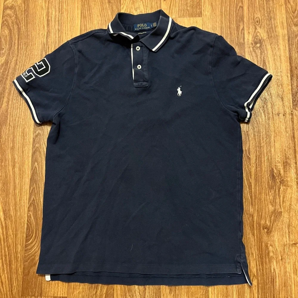 Polo Ralph Lauren Polo Shirt Mens L Navy Custom Slim Fit Number 2 Tipped